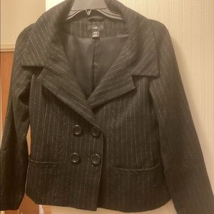 H & M BLACK PINSTRIPE DOUBLE BREASTED WOOL BLEND SUIT JACKET SZ 12.